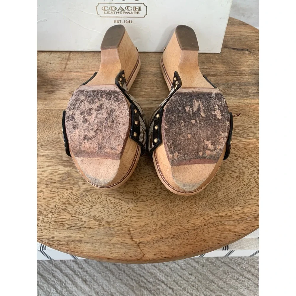Vintage Coach Lee Sandal Signature Logo Cavas Wood Heel Patent Leather Women 8.5 - Picture 11 of 16